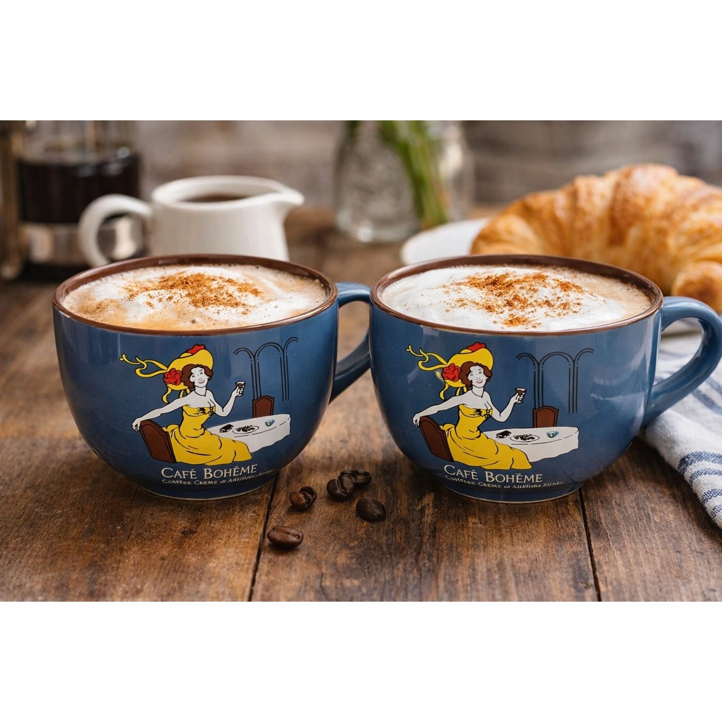Cafe Boheme Coffee Creme Liqueur Oversized Latte Bowls Pair Vintage French Cafe Style Mugs
