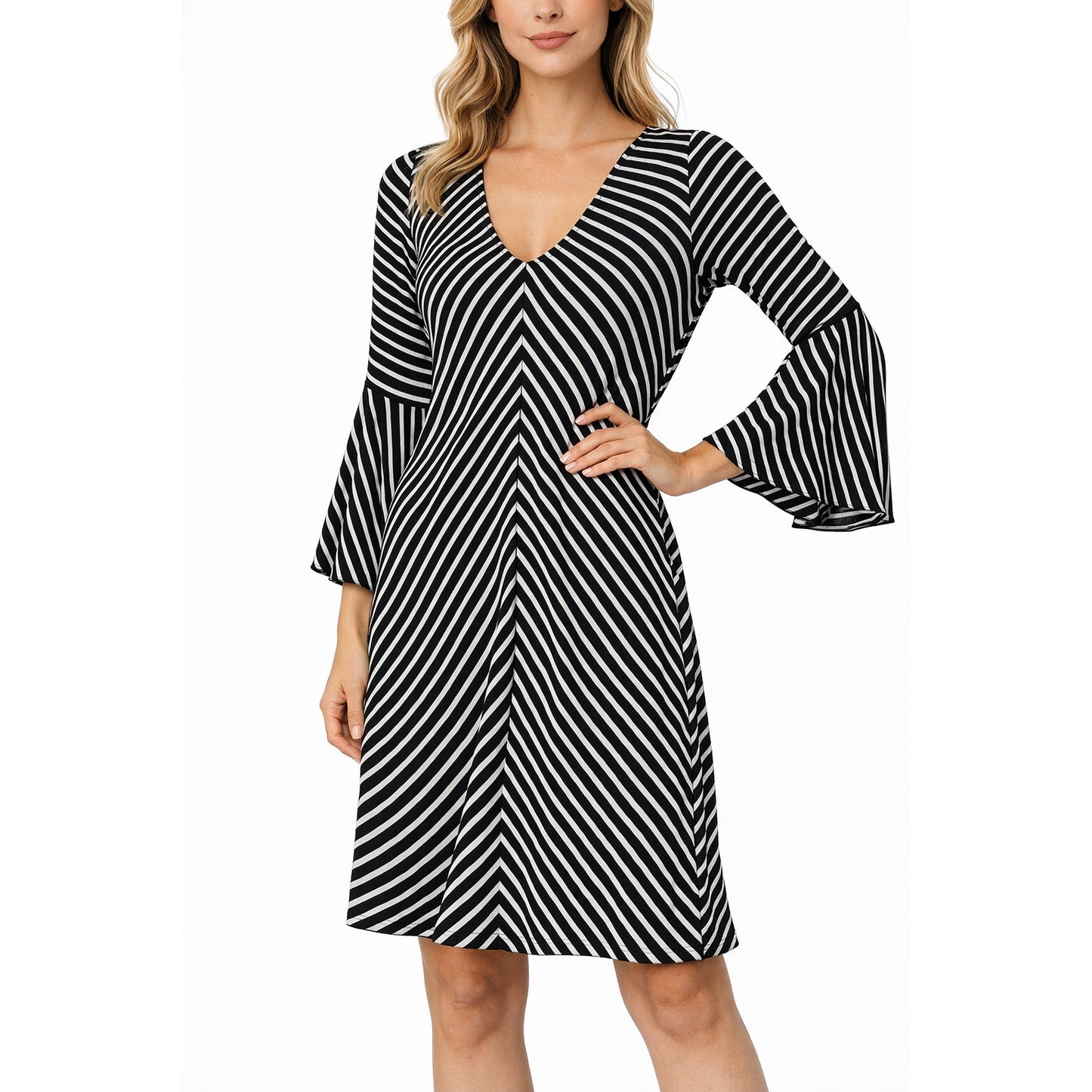H.Z. Pronto Moda Black White Striped Tie Neck Dress Made in Italy Size 12