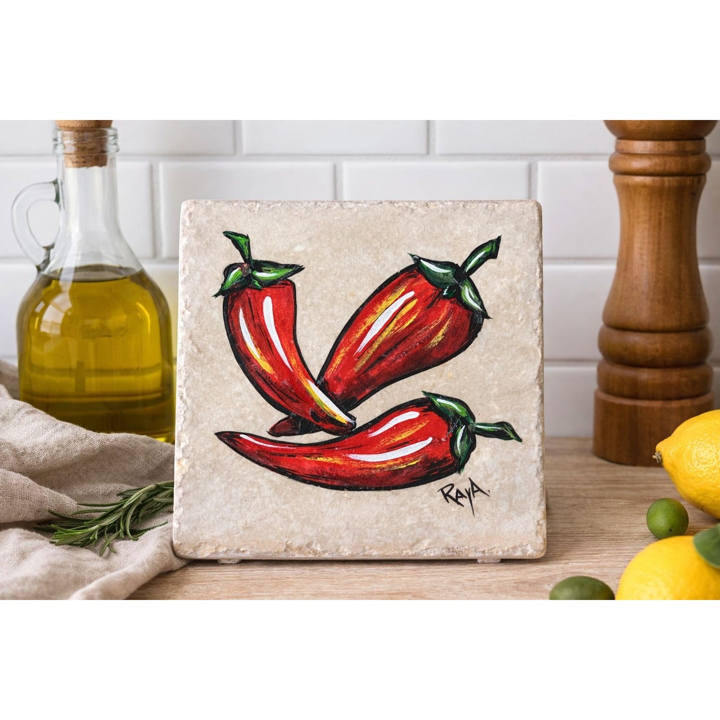 Hand Painted Italian Ceramic Tile Signed Raya Cerdomus Pepper Artwork 6 Inch