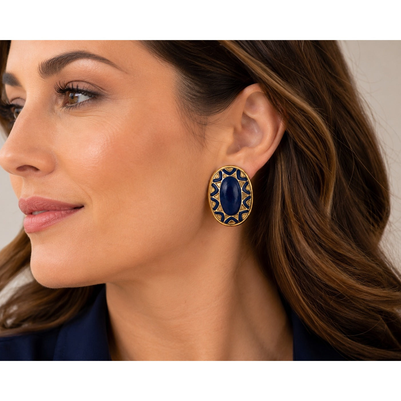 Vintage Blue Enamel Oval Earrings Gold Tone Statement Earrings Retro Geometric Jewelry