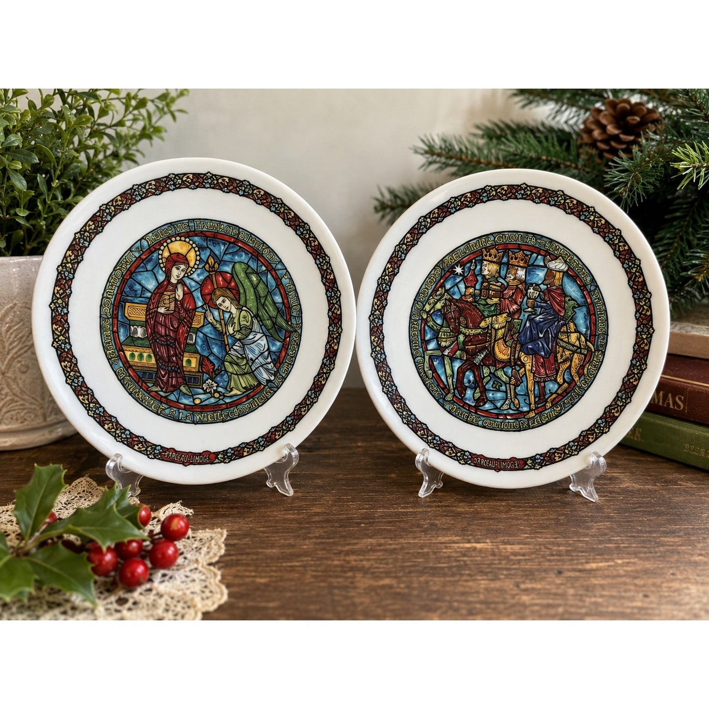 Pair D'Arceau Limoges Noel Vitrail Christmas Collector Plates Annunciation & Three Wise Men