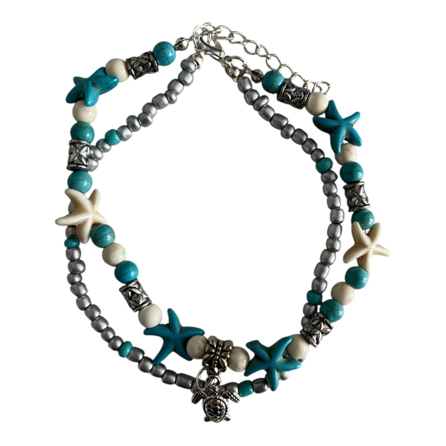Starfish and Turtle Beaded Bracelet – Silver, Turquoise, and Ivory Beads – Beach Boho Layered Style