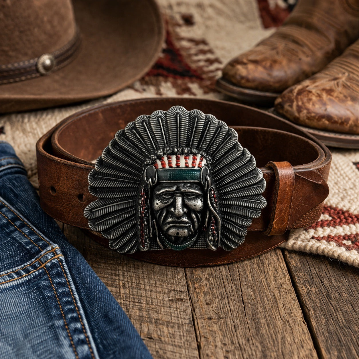Vintage Western Belt Buckle Native American Chief Headdress Silver Tone Southwestern Boho