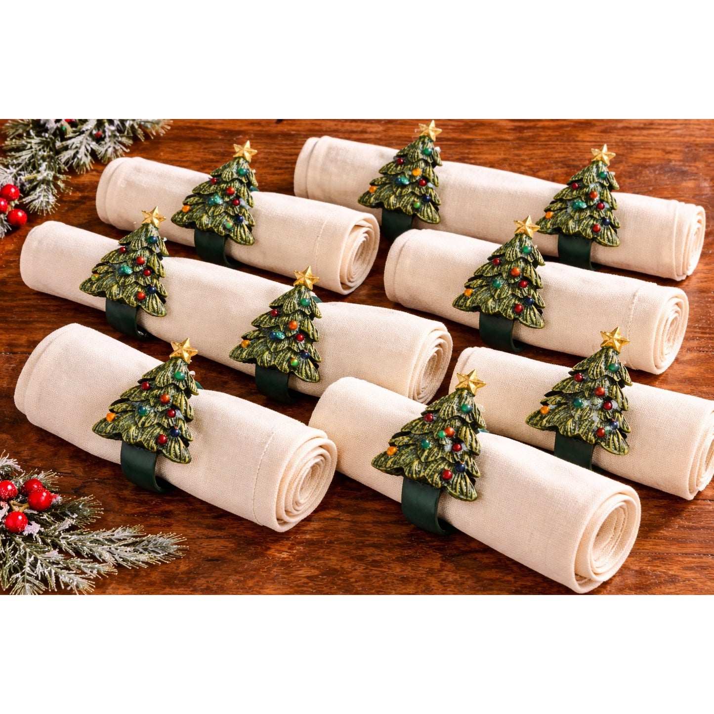 Christmas Tree Napkin Rings Set of 12 Holiday Table Decor Green Tree Rings Gold Star Rustic Christmas Dining