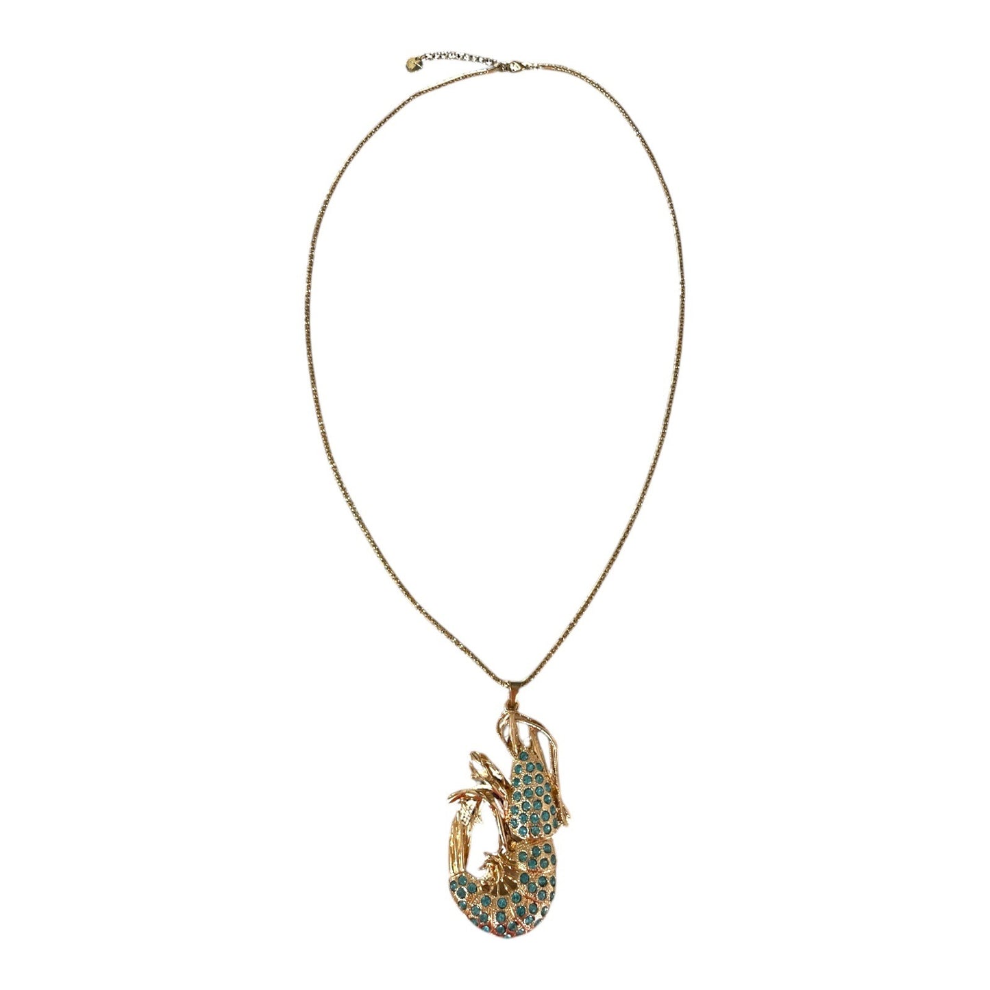 Betsey Johnson Crawfish Shrimp Pendant Necklace Y2K Gold Tone Teal Rhinestones