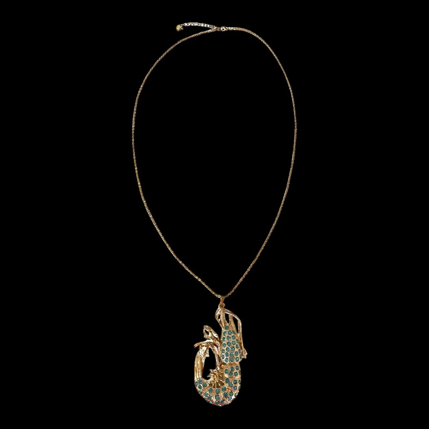 Betsey Johnson Crawfish Shrimp Pendant Necklace Y2K Gold Tone Teal Rhinestones