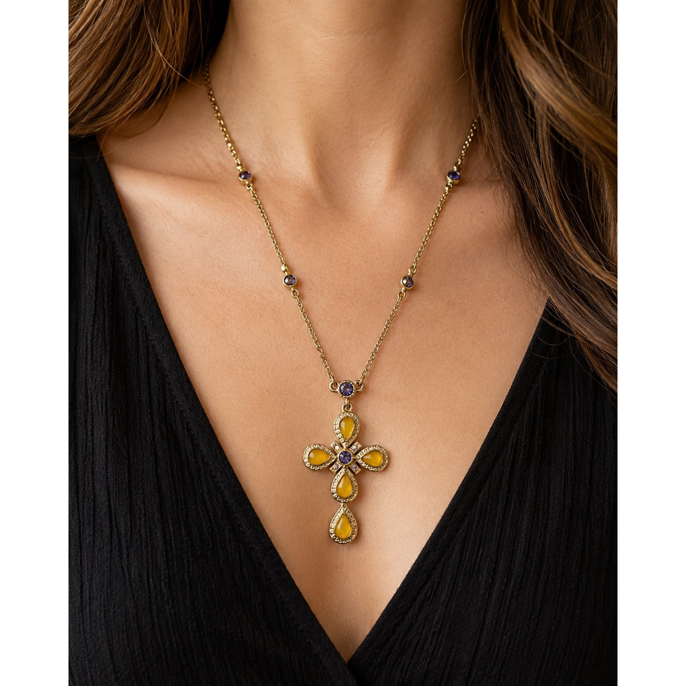 Vintage Avon Gold Tone Cross Pendant Necklace Yellow Cabochon Purple Rhinestones 18"