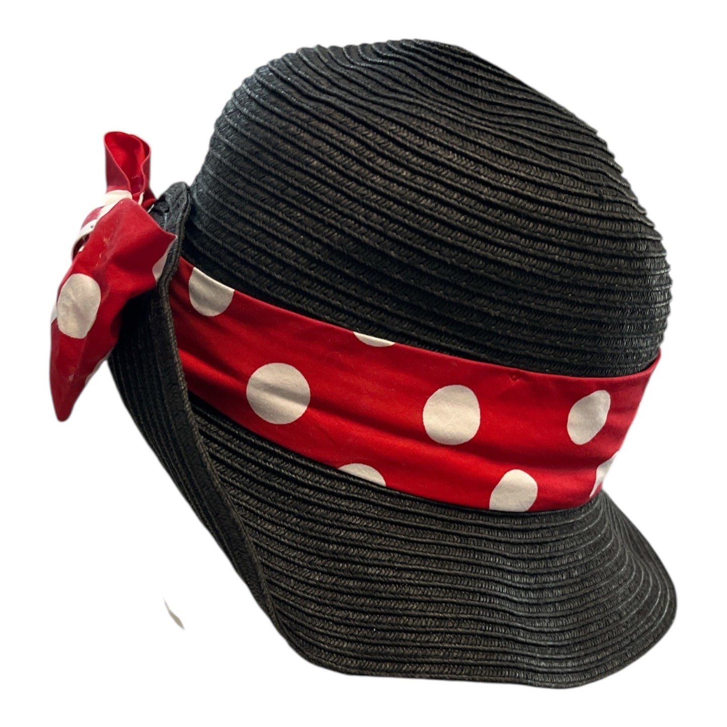 Disney Minnie Mouse Black Straw Hat with Polka Dot Bow – Red & White Band – Embroidered Logo
