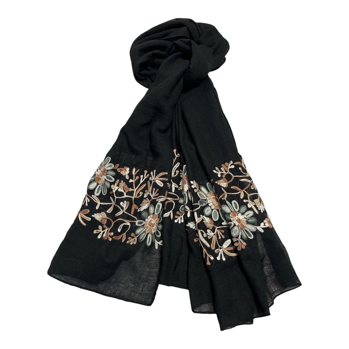Black Embroidered Floral Scarf Wrap – 70 x 34 in – Modern
