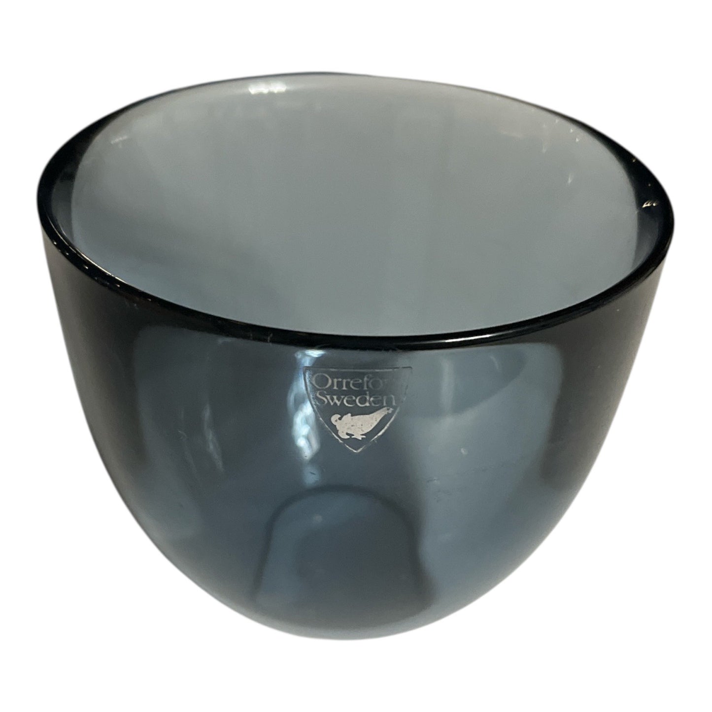 Signed Orrefors Sweden Art Glass Bowl – Smoke Blue Crystal, 3.5" x 3", Scandinavian Modern, 1970s–1980s