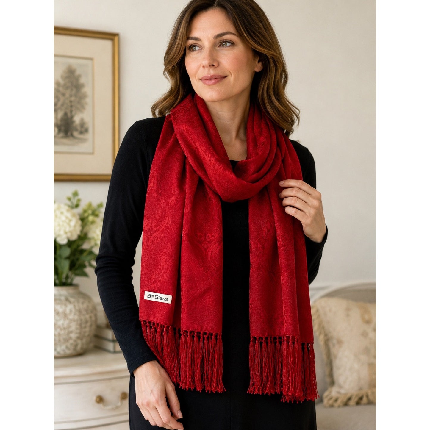 Bill Blass Red Silk Paisley Fringe Scarf Wrap Shawl 100% Silk
