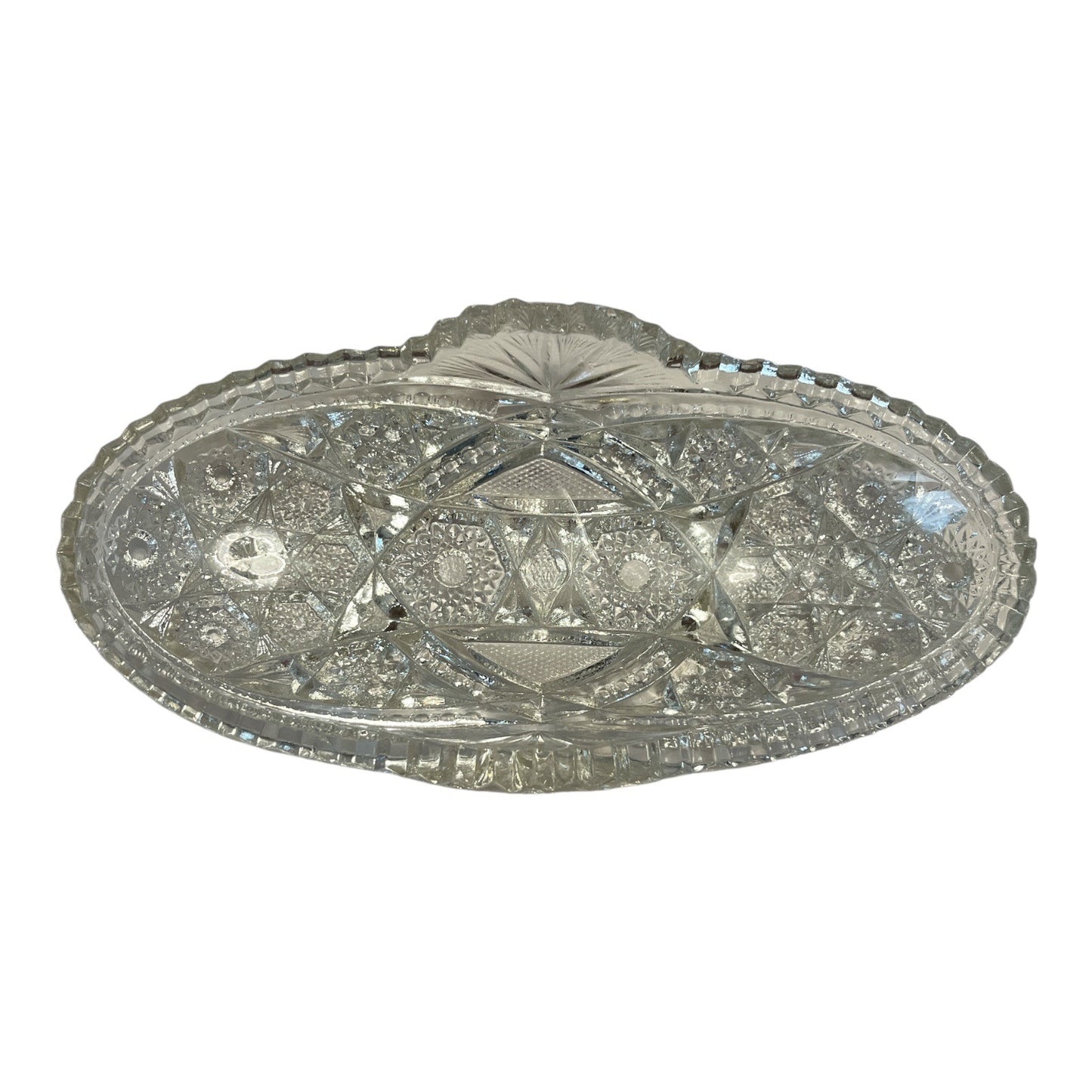 Antique McKee Pres Cut Glass Oval Bowl Hobstar Pattern Sawtooth - Damage