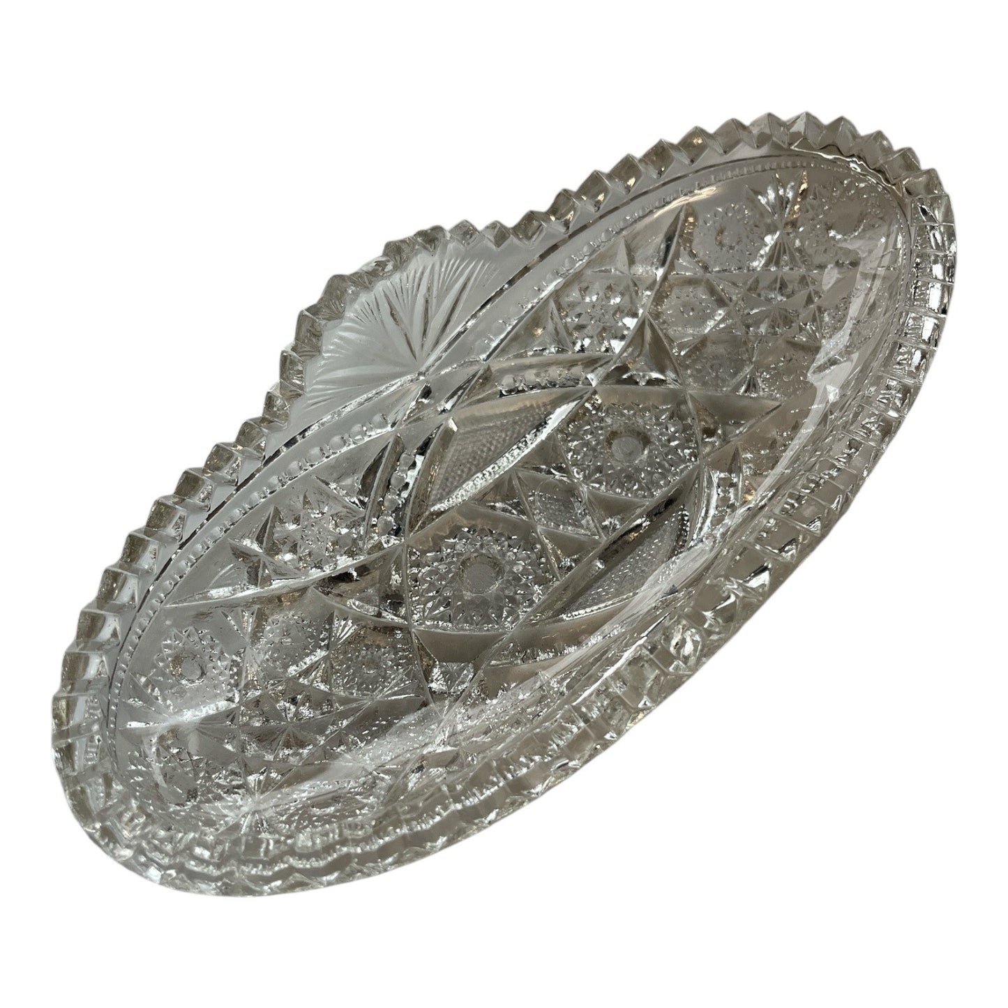Antique McKee Pres Cut Glass Oval Bowl Hobstar Pattern Sawtooth - Damage