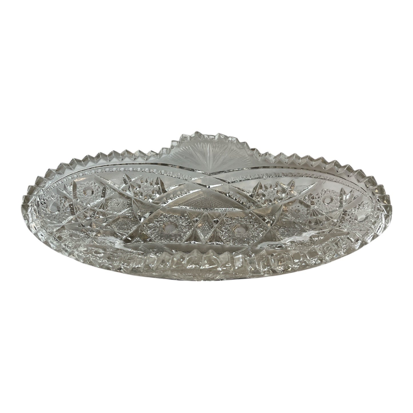 Antique McKee Pres Cut Glass Oval Bowl Hobstar Pattern Sawtooth - Damage
