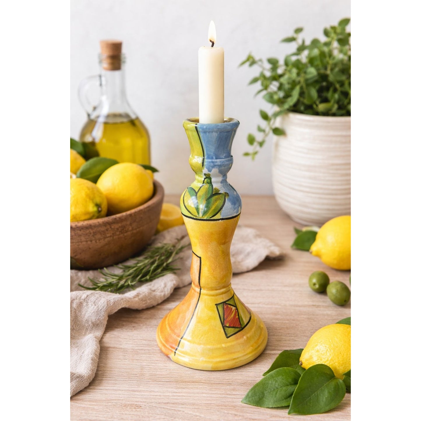 Italian Hand Painted Ceramic Candle Holder 8.5 Inch Colorful Art Pottery Candlestick