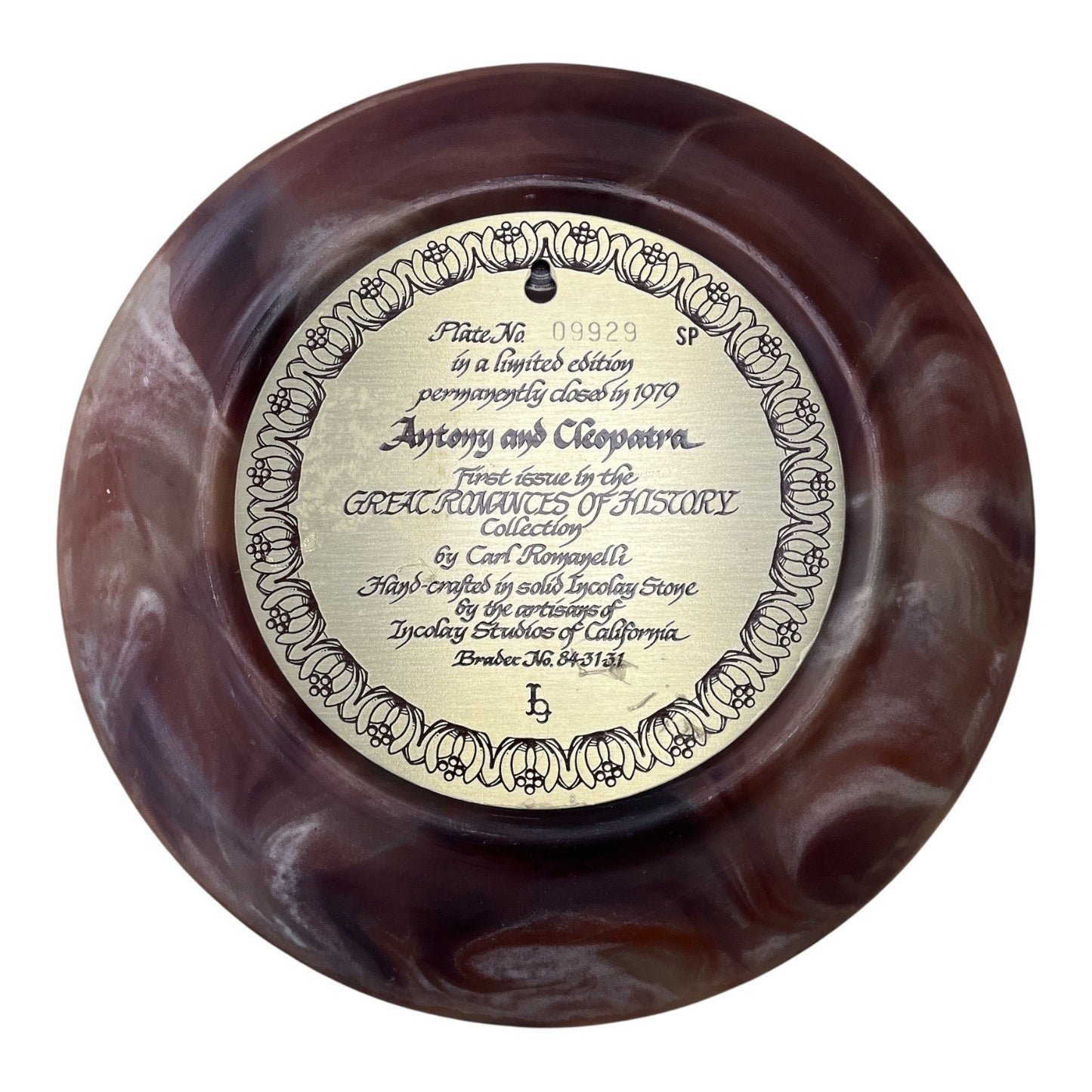 Incolay Studios 1979 “Antony and Cleopatra” Plate – Carl Romanelli – 10” Great Romances of History, Handcrafted Stone