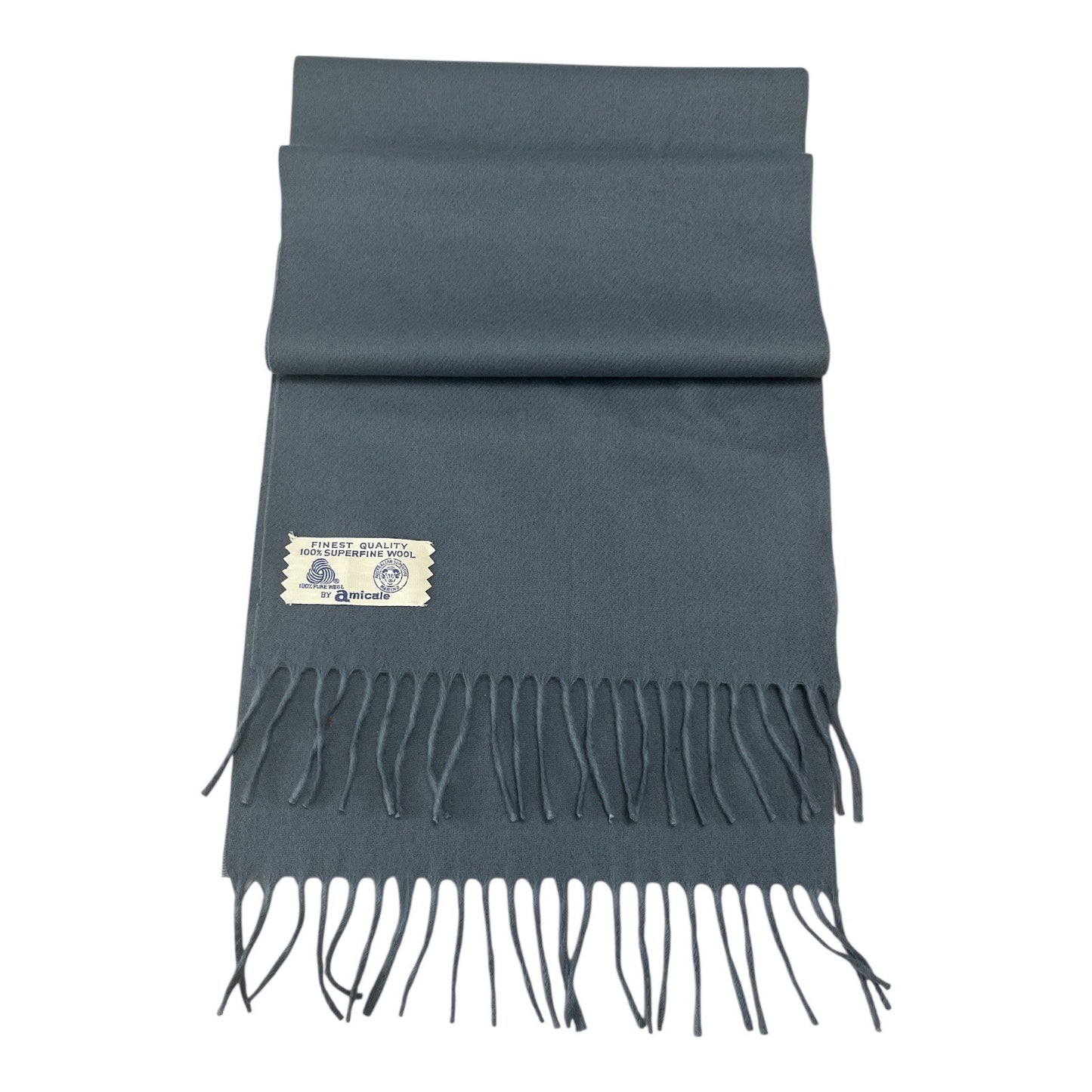 Vtg Amicale Superfine Wool Scarf – 100% Merino, Blue-Gray, Fringe Ends, Made in Italy (1990s–2000s)