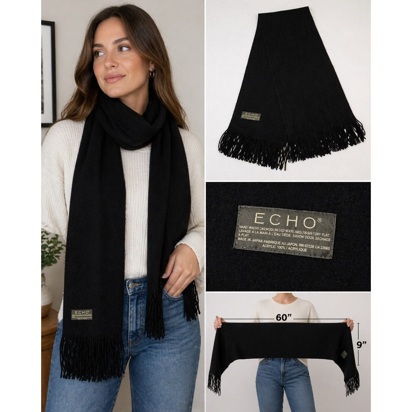 Echo Black Fringe Scarf 60” Long Soft Acrylic Blend Classic Winter Wrap