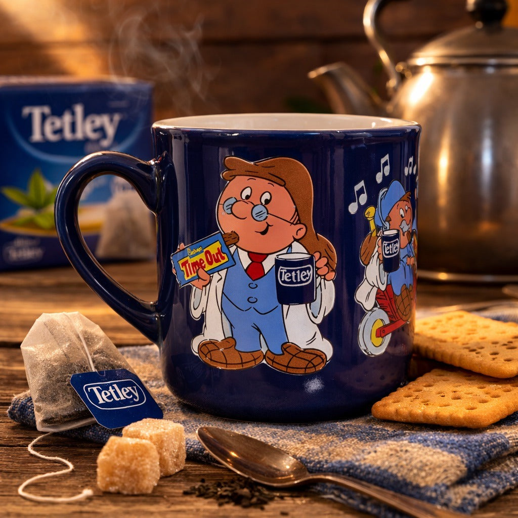 Vintage Tetley Tea Cadbury's Time Out Character Mug Blue Advertising Cup
