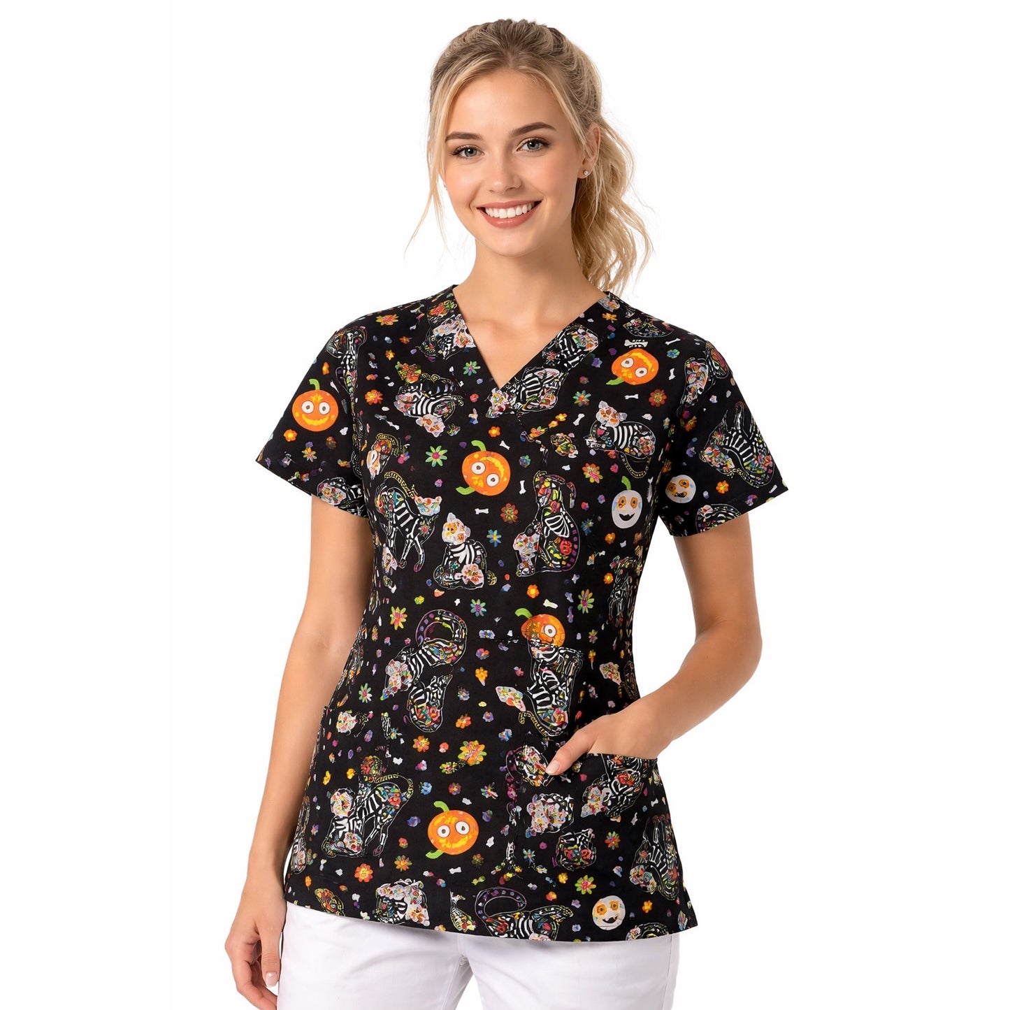 2 Women’s Scrub Tops Size Small Halloween Cat Print & Disney Winnie the Pooh