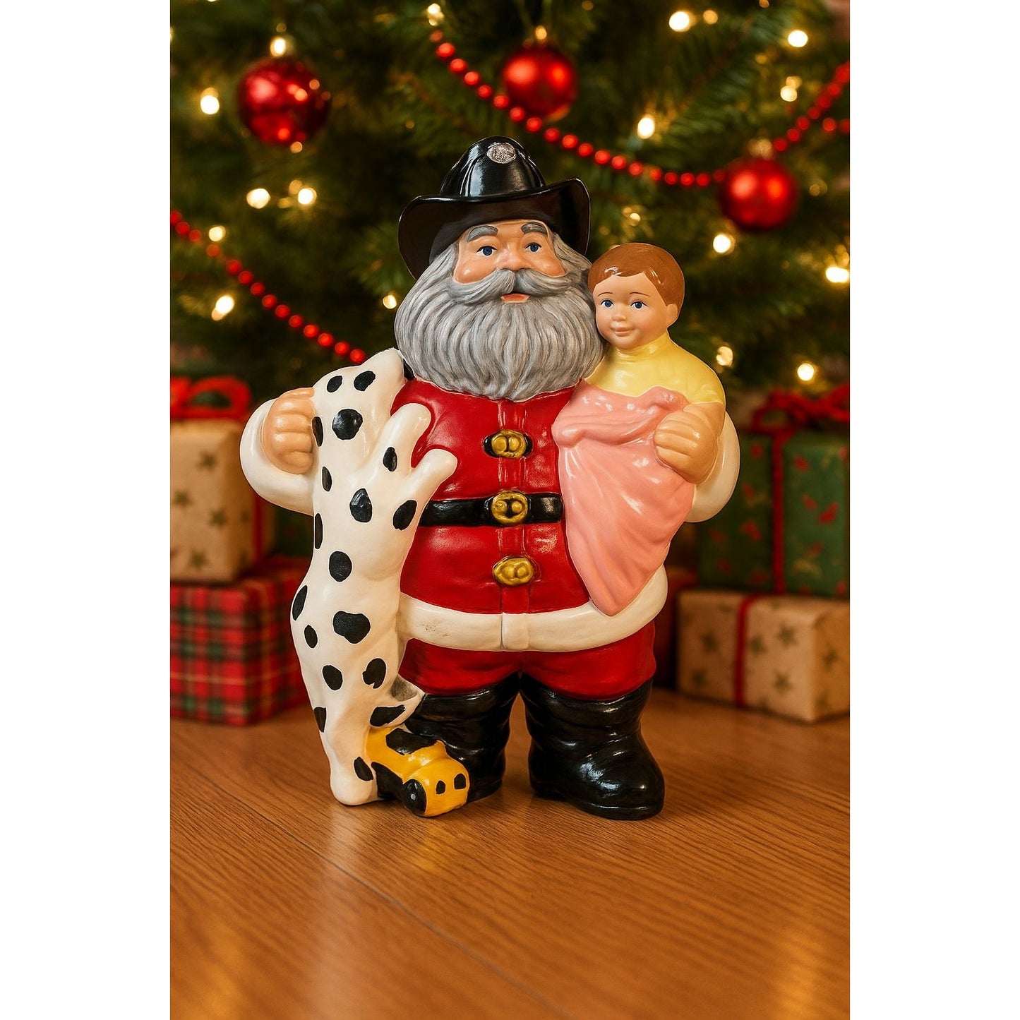 Firefighter Santa Claus Ceramic Figurine Holding Child and Dalmatian 9”
