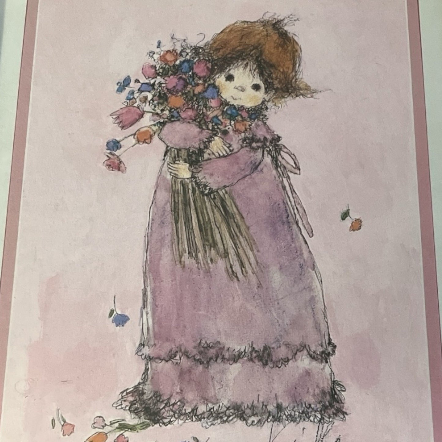 Vintage Kinka Framed Art Print – Girl with Flowers in Lavender Dress – 1980s Sentimental Wall Art