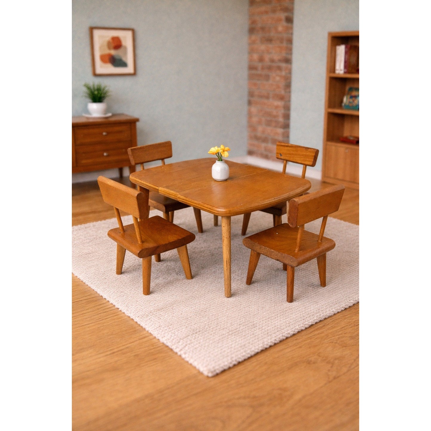 Vintage Strombecker Miniature Dining Set Large Scale Wood Table 4 Chairs Mid Century Modern Furniture