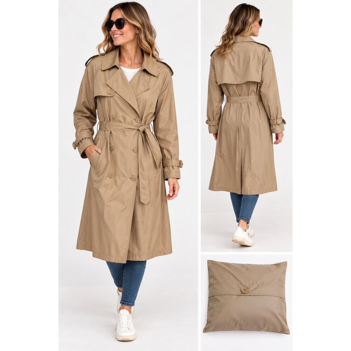 Vintage Totes Beige Packable Double Breasted Trench Raincoat Large Nylon