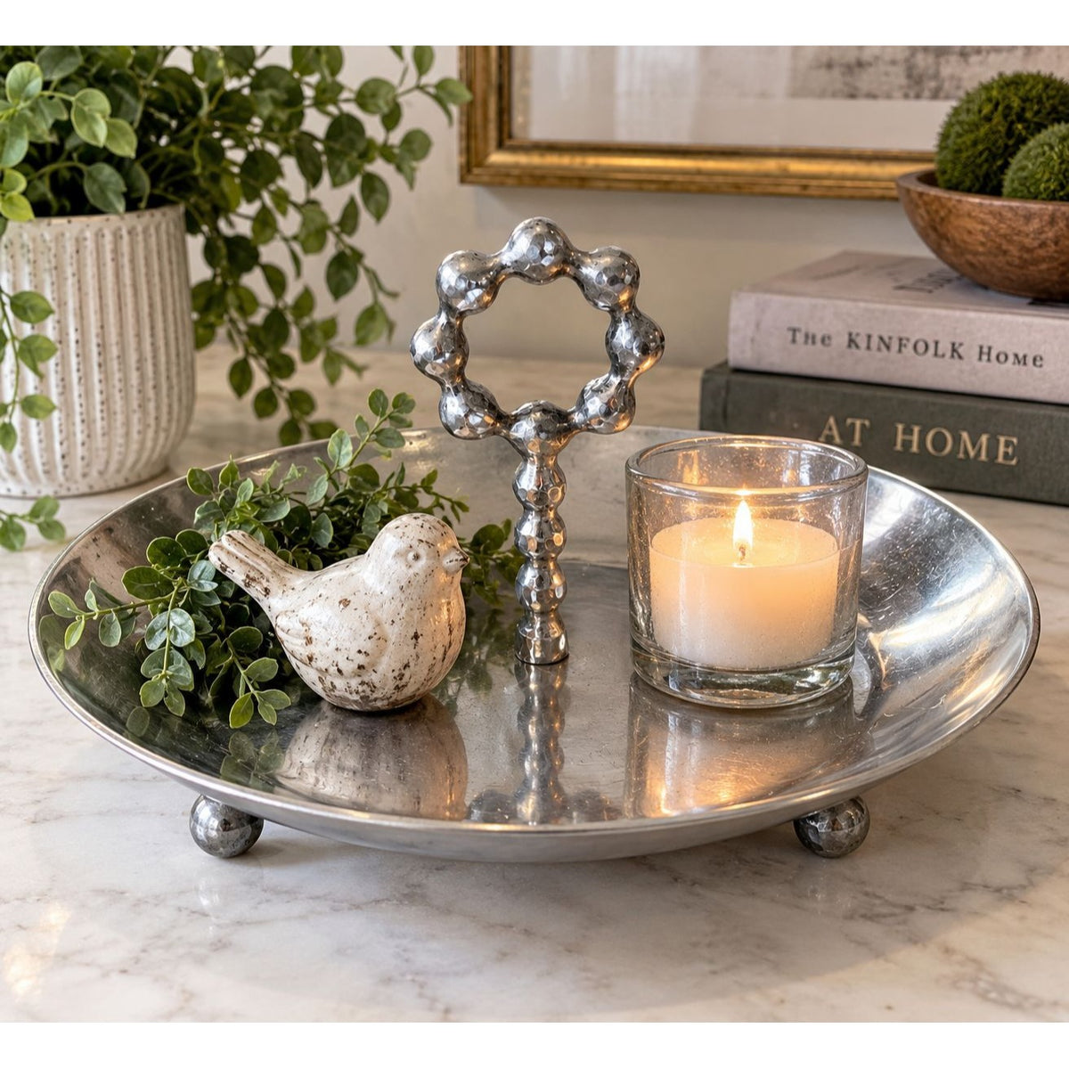 Threshold Cast Aluminum Footed Round Tray Center Ring Handle 12" Silver