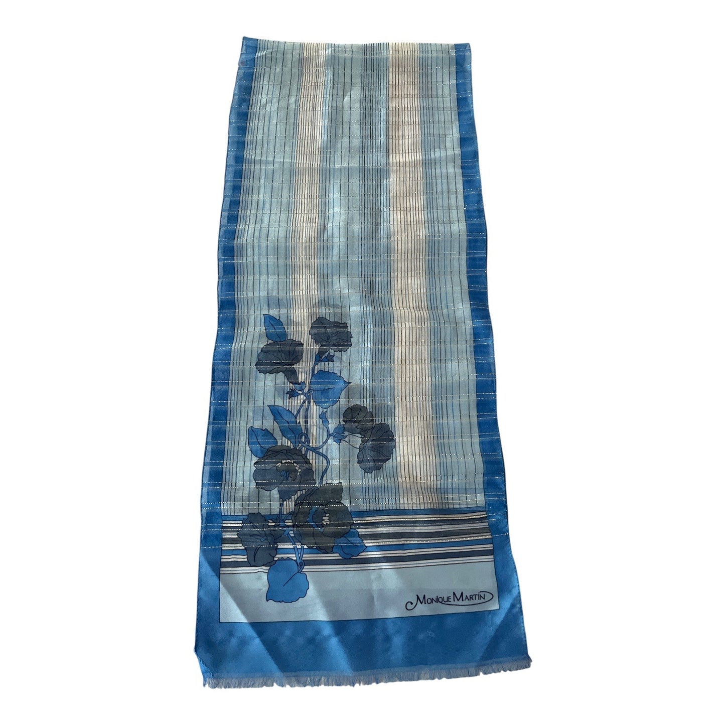 Vintage Monique Martin Blue Floral Striped Scarf – 52 x 11 – Sheer Lightweight Wrap with Fringe