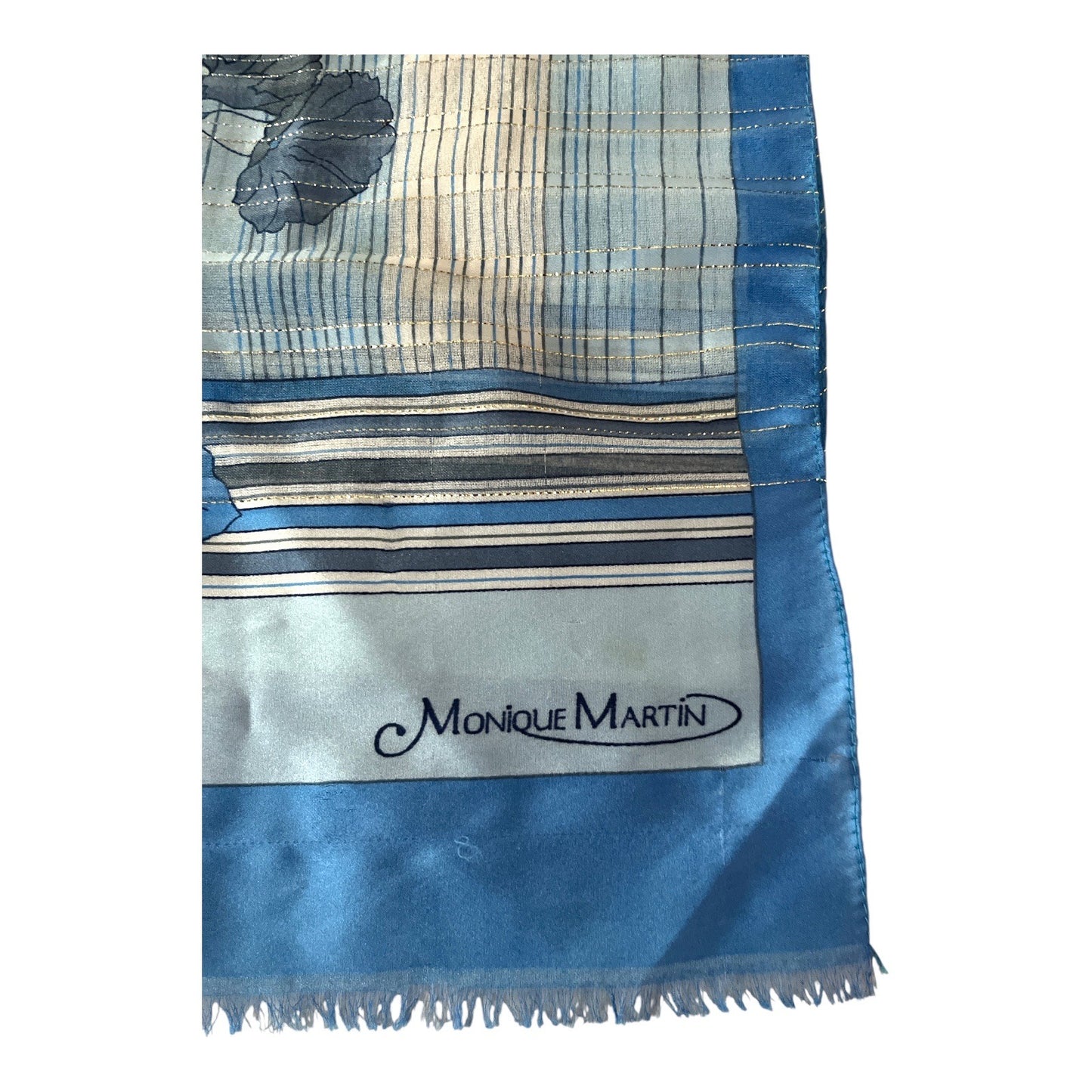 Vintage Monique Martin Blue Floral Striped Scarf – 52 x 11 – Sheer Lightweight Wrap with Fringe