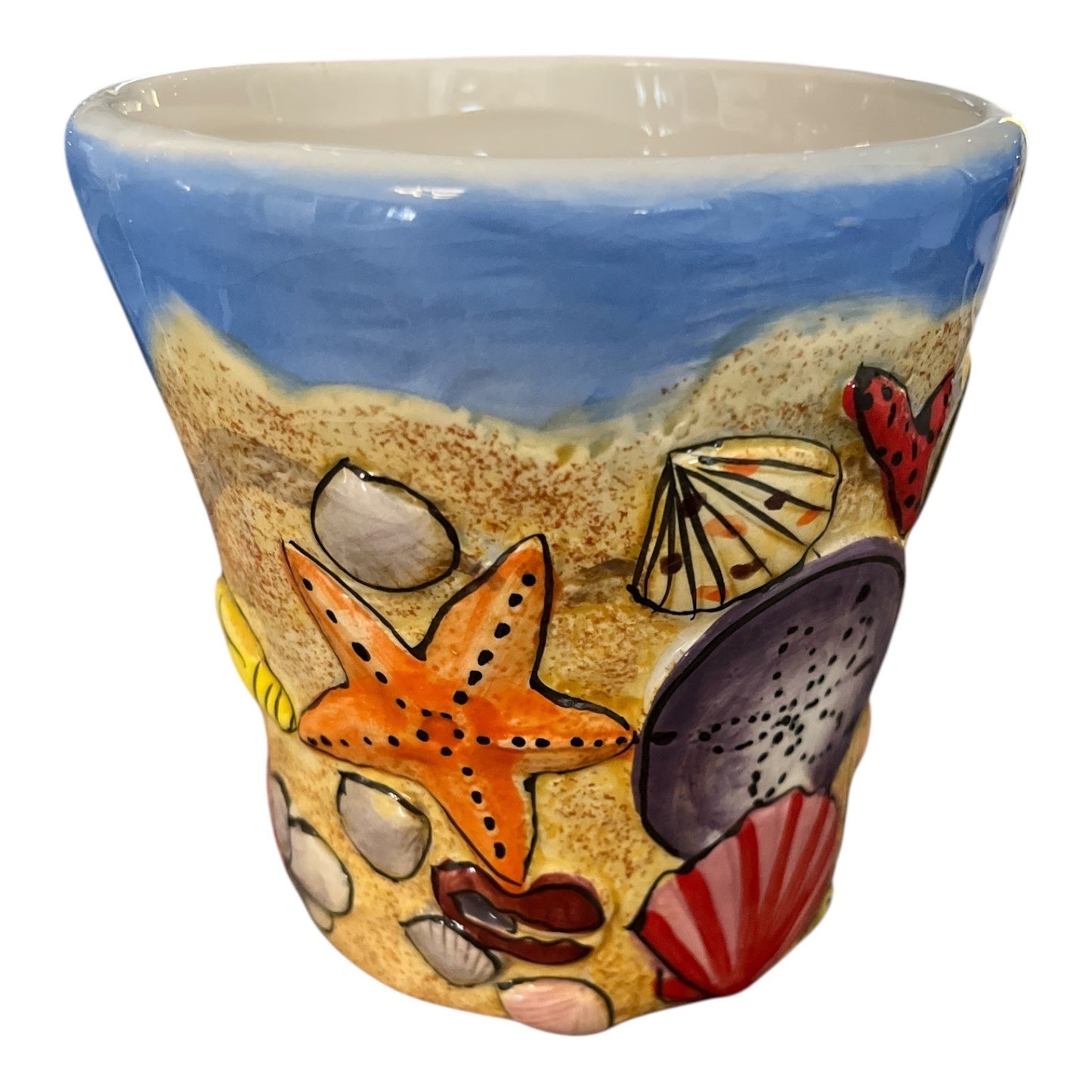 3D Relief Beach Scene Mug Raised Coastal Design Pastel Ocean Coffee Cup 4x4" 1990s–2000s