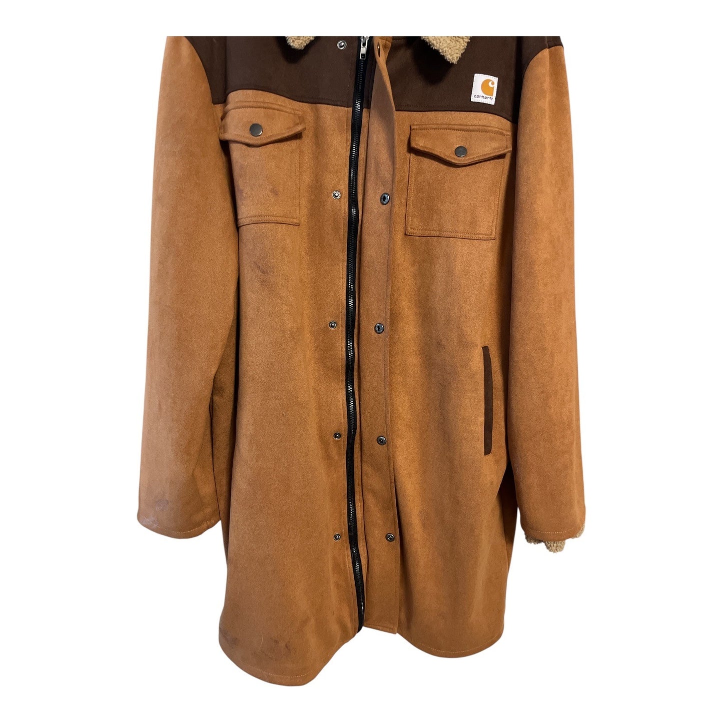Vintage 90s-2000s Carhartt Sherpa-Lined Suede-Look Coat – Tagged 3XLT – Fits XL/2XL – Brown Western Barn Jacket