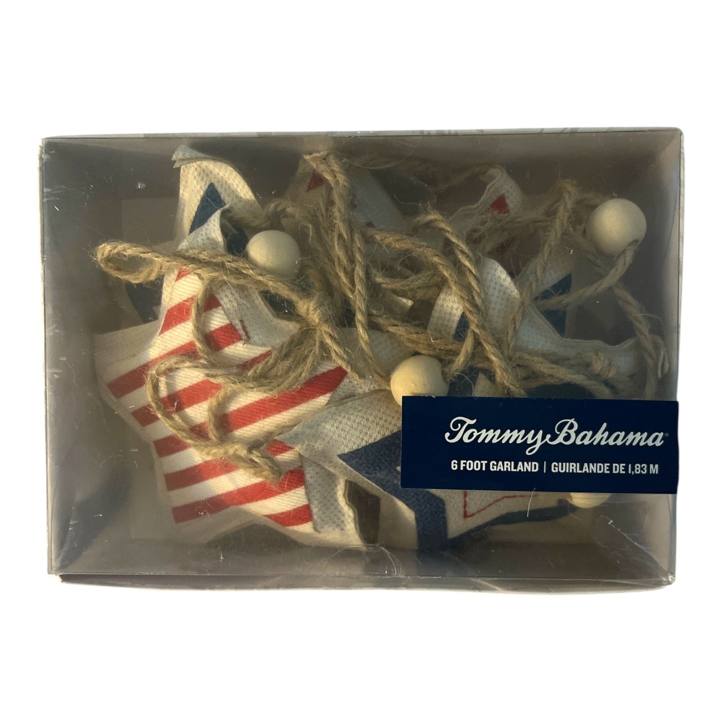 Tommy Bahama Patriotic Star Garland – 6 Foot Red, White & Blue Fabric Stars with Wooden Beads – Americana Decor