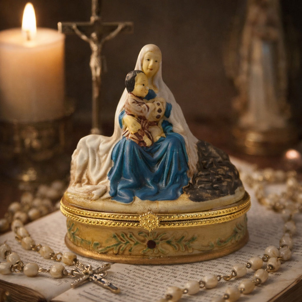 Vintage TBN Trinity Broadcasting Network Madonna and Child Hinged Trinket Box Religious Figurine