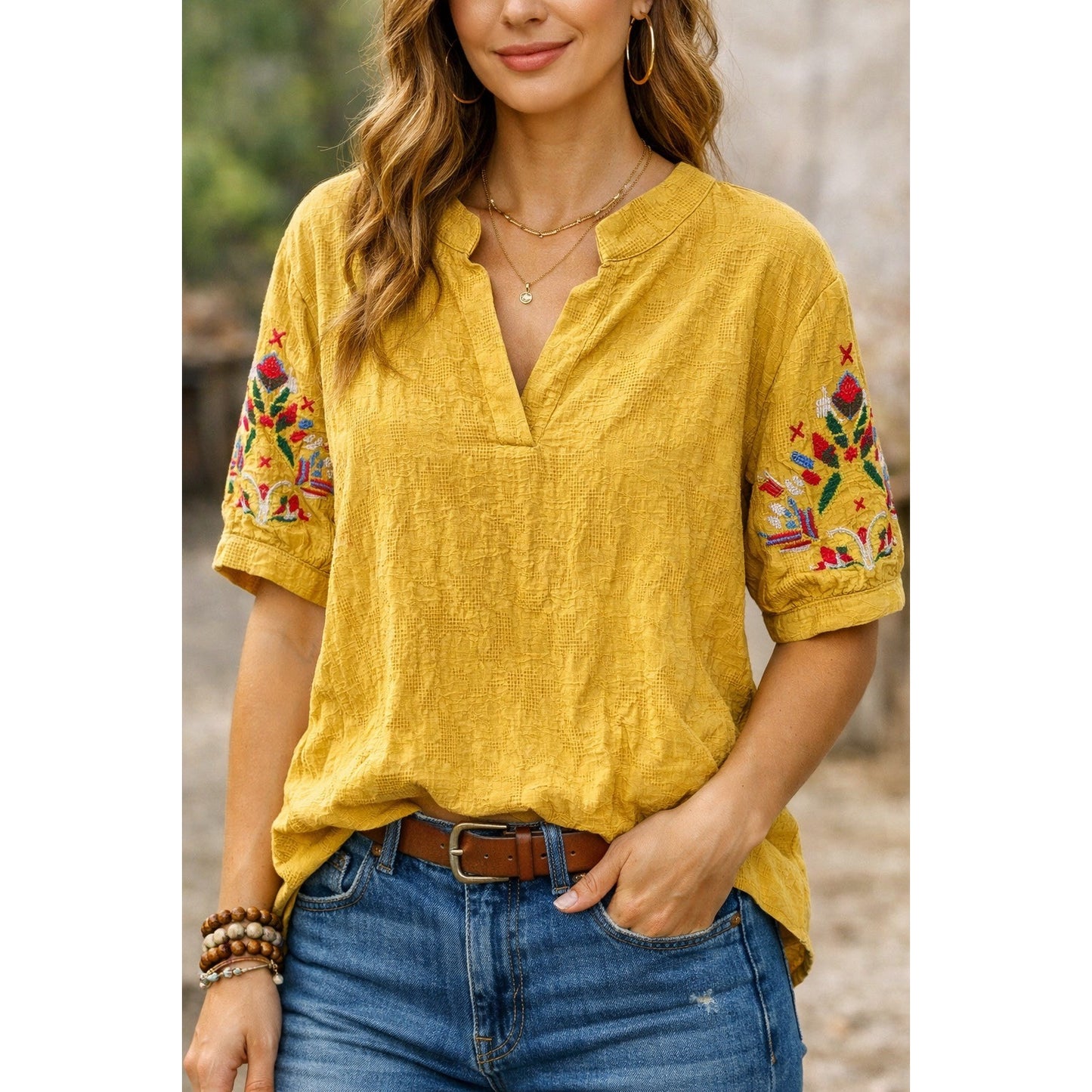 A and X Mustard Yellow Embroidered Sleeve Boho Top Textured Cotton Blend 3XL