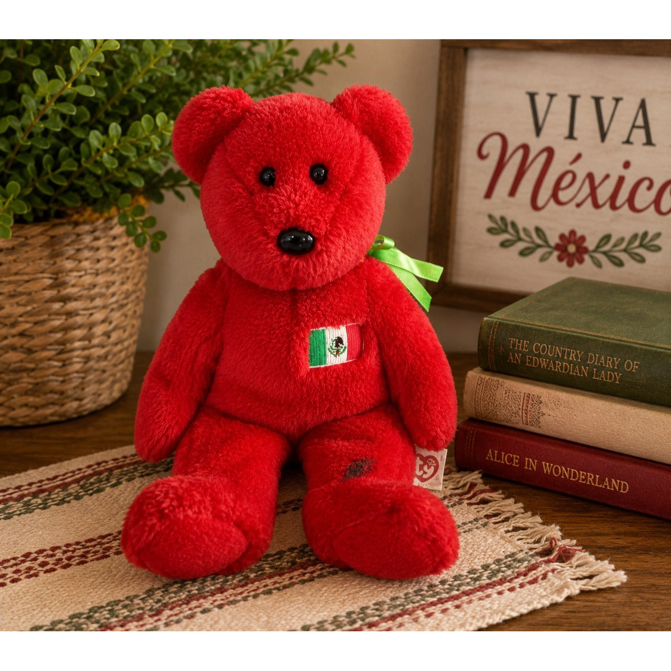 Ty Beanie Buddies Mexico Red Bear Plush with Mexican Flag Green Ribbon 14 Inch