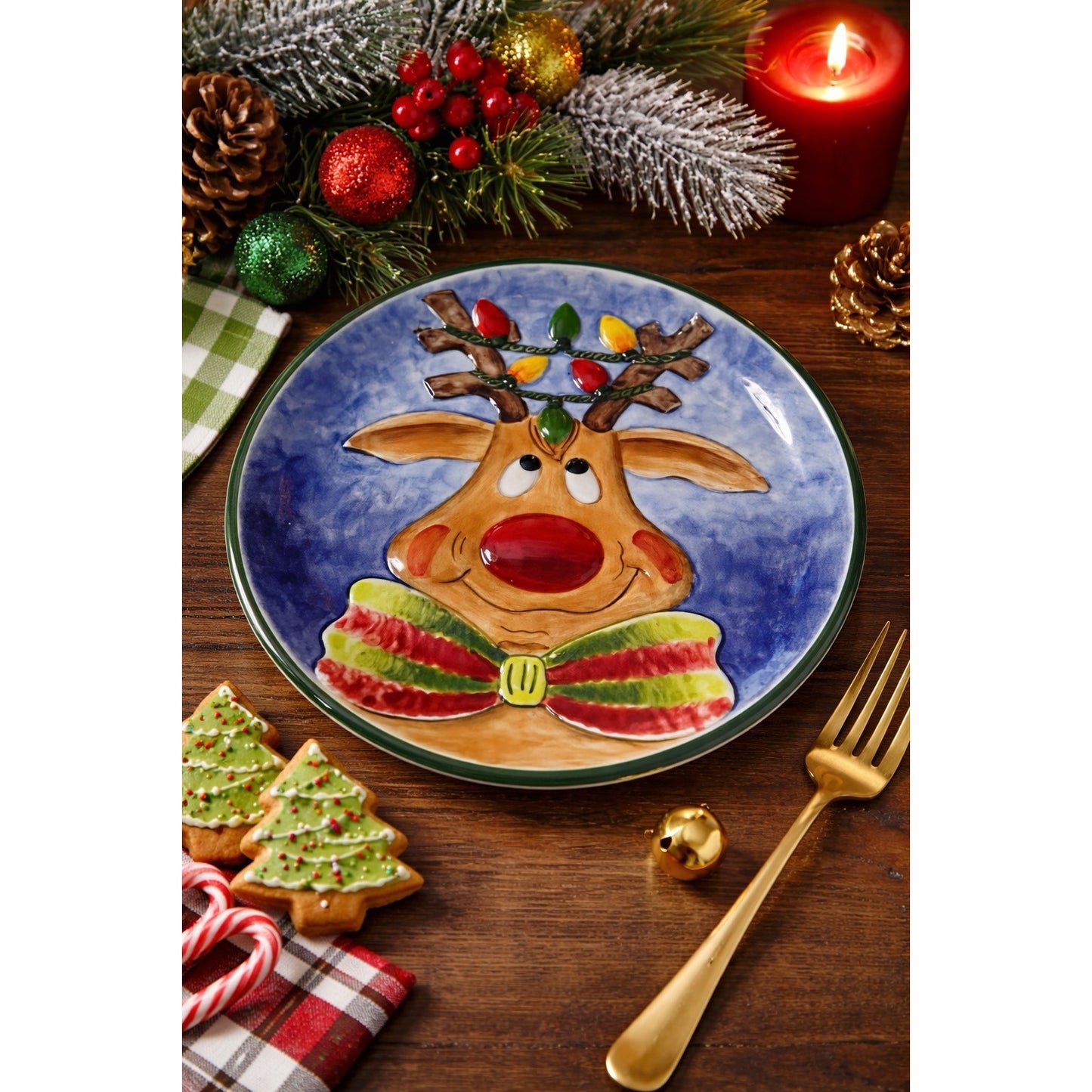 Clay Art Reindeer Plate Christmas Hand Painted 2003 Holiday Dessert Plate 8 Inch
