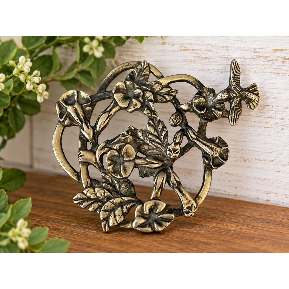 Vintage 1976 Metzke Hummingbird Mini Trivet Footed Floral Cast Metal 3x4