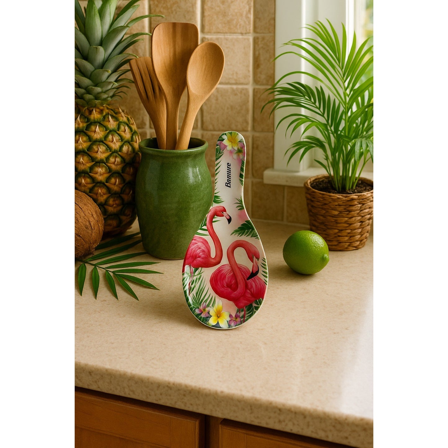 Bonaire Souvenir Ceramic Spoon Rest – Pink Flamingos Tropical Flowers – @giftcorp