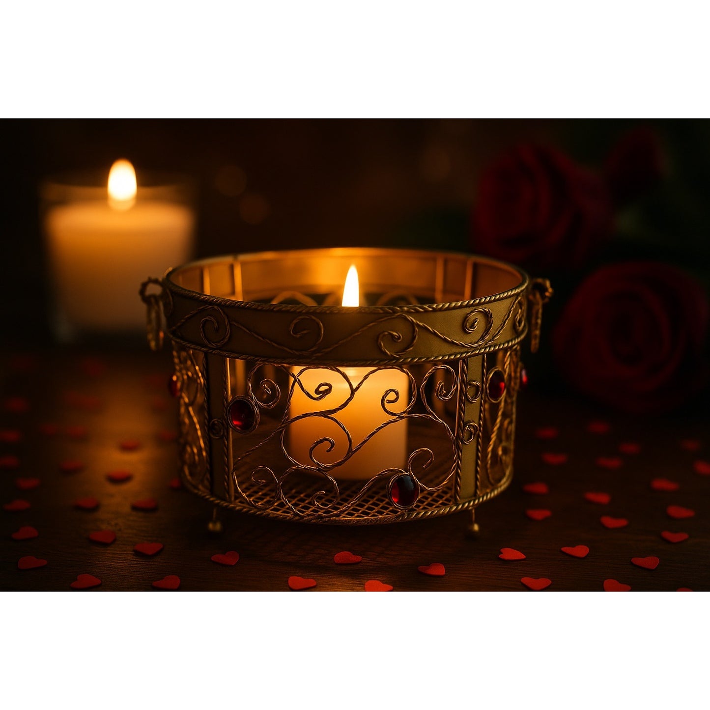 1990s Gold Wire Metal Candle Holder with Red Gem Accents – Round Scroll Design – 7x5