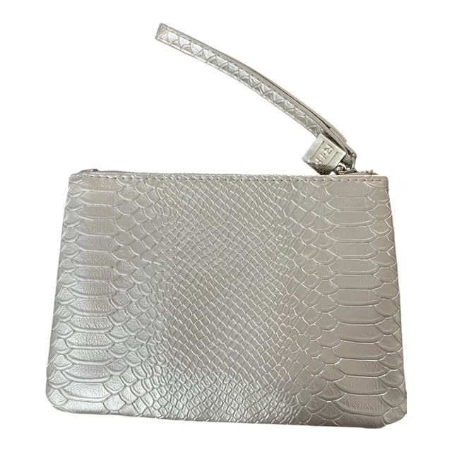 Rodan & Fields Cosmetic Make-up Bag Silver Textured Faux Snake Skin Wristlet - Small, Pink Lining