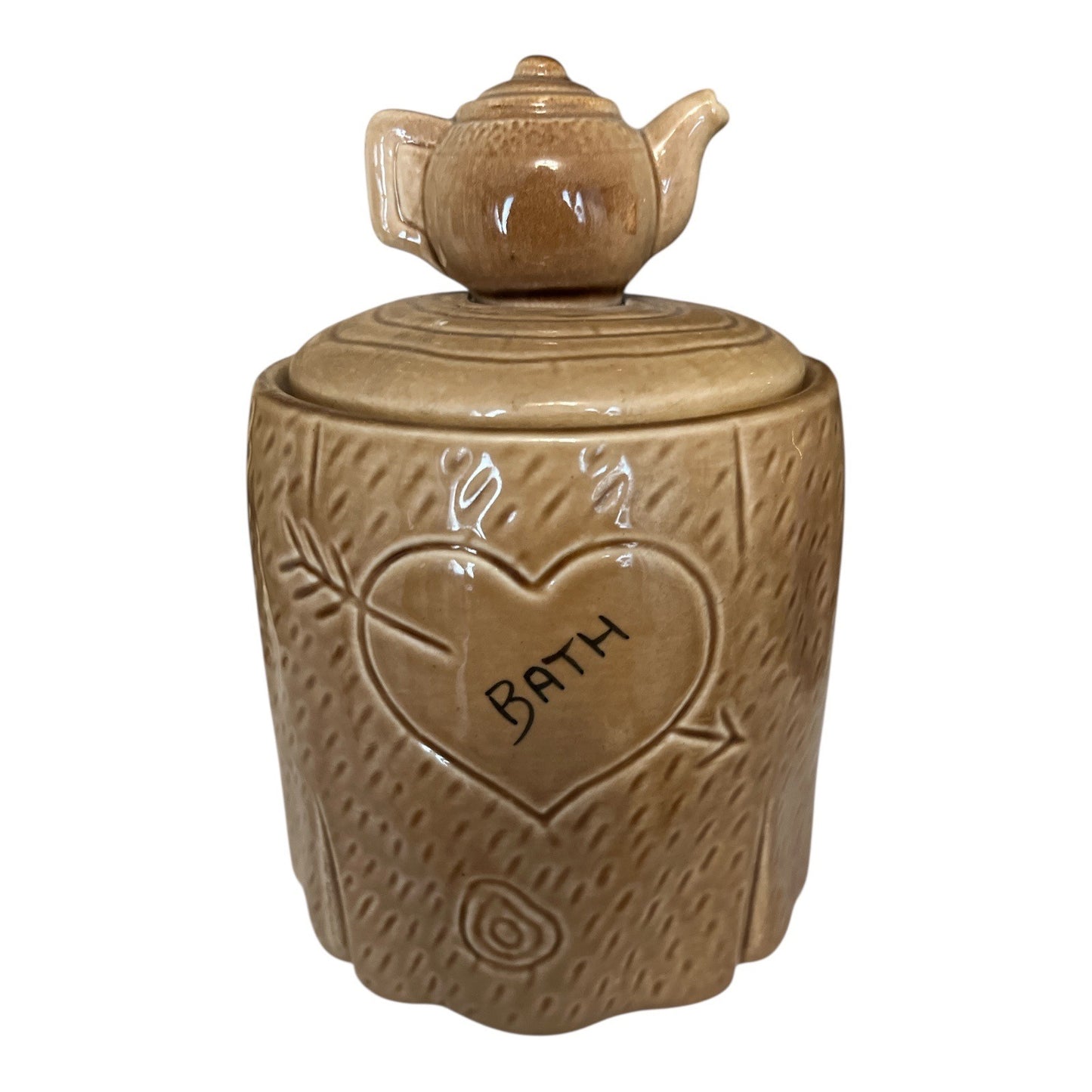 Vintage Ceramic Teapot-Top Tea Canister – 5.5” Tall – “Tea Time” & “Bath” Heart Design – Rustic Brown Glaze