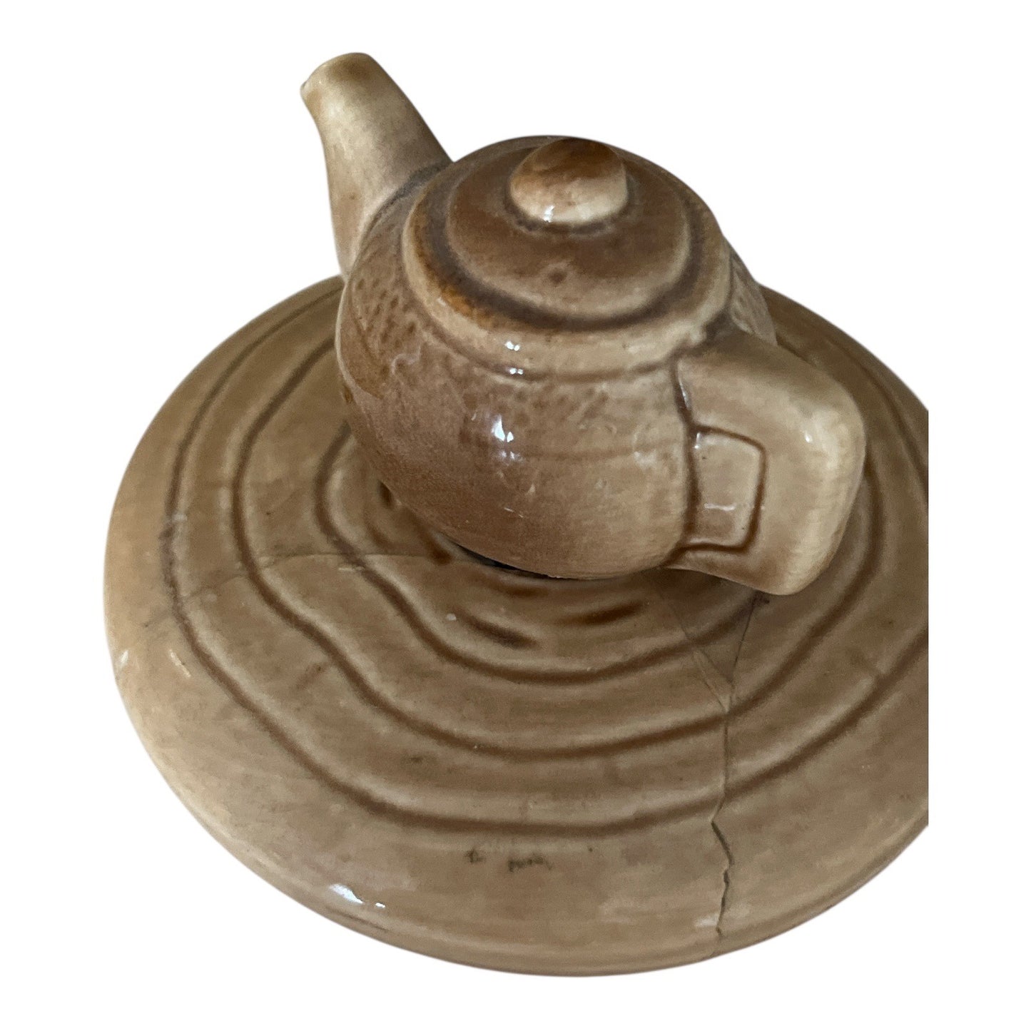 Vintage Ceramic Teapot-Top Tea Canister – 5.5” Tall – “Tea Time” & “Bath” Heart Design – Rustic Brown Glaze