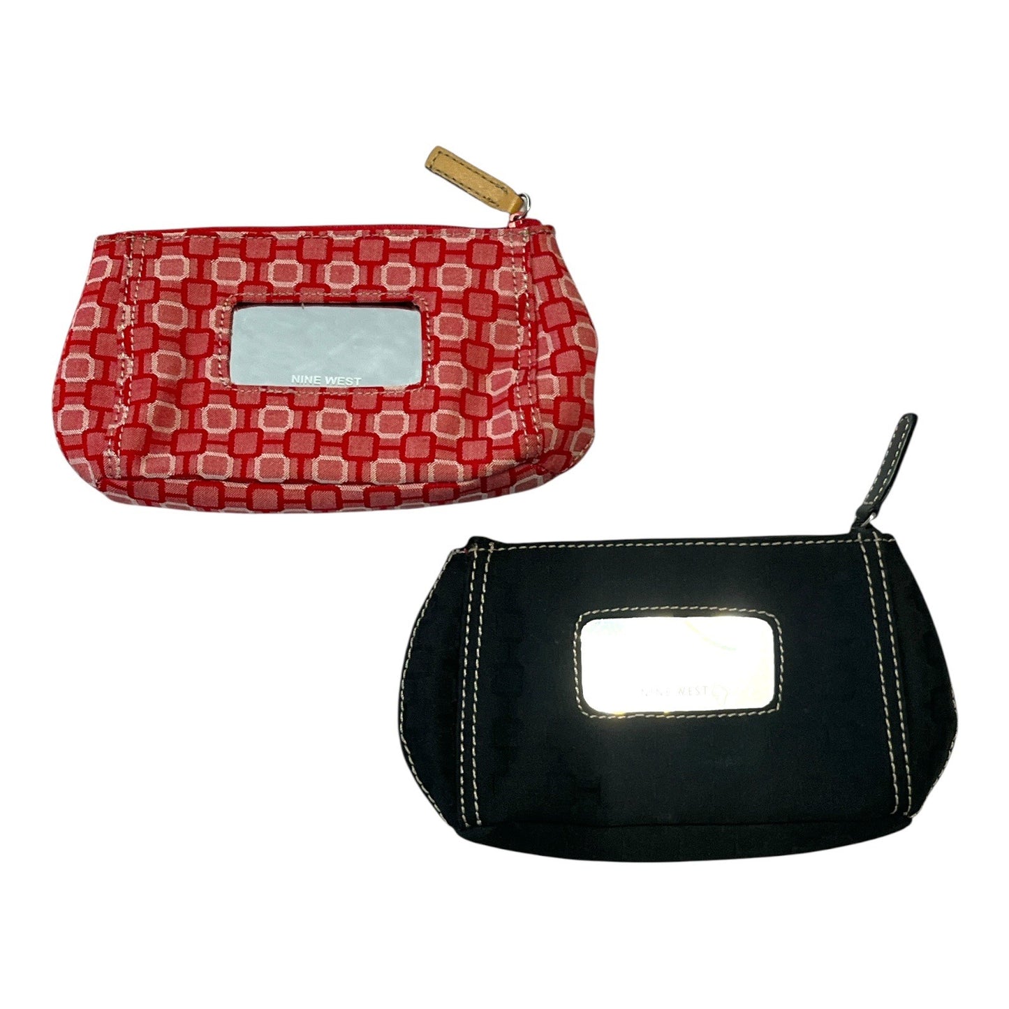 Set of 2 Vintage Nine West Makeup or Travel Pouches – Red Geometric & Black with Stitch Detail – Dual Compartments, Built-In Mirrors