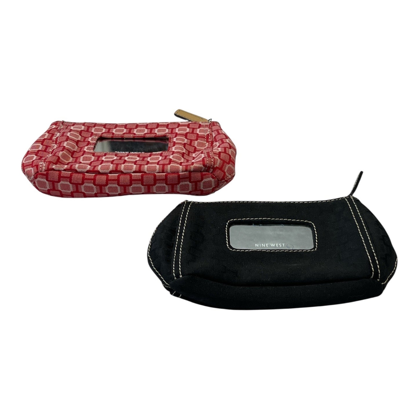 Set of 2 Vintage Nine West Makeup or Travel Pouches – Red Geometric & Black with Stitch Detail – Dual Compartments, Built-In Mirrors