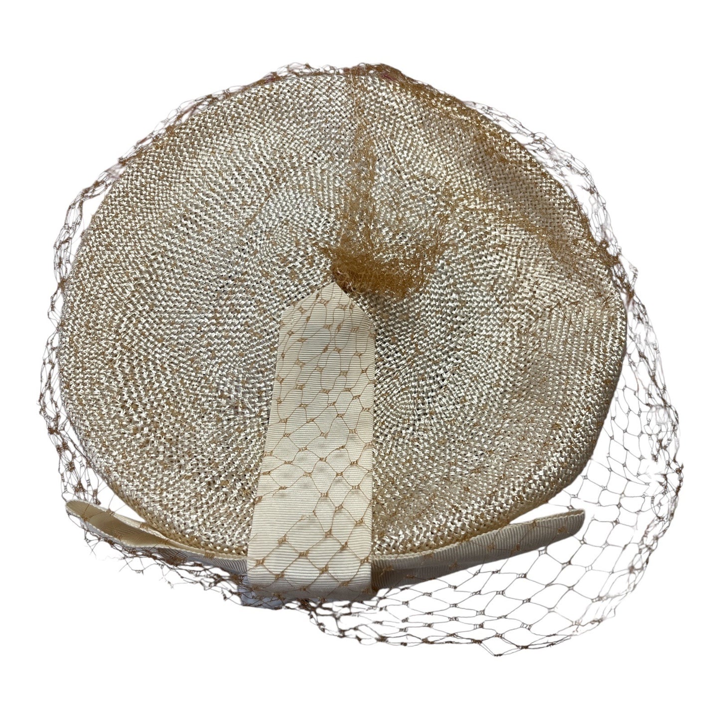 Vintage 1950s Valerie Modes Women’s Hat 22.5 Cream Straw Veil Bow 8” Prop