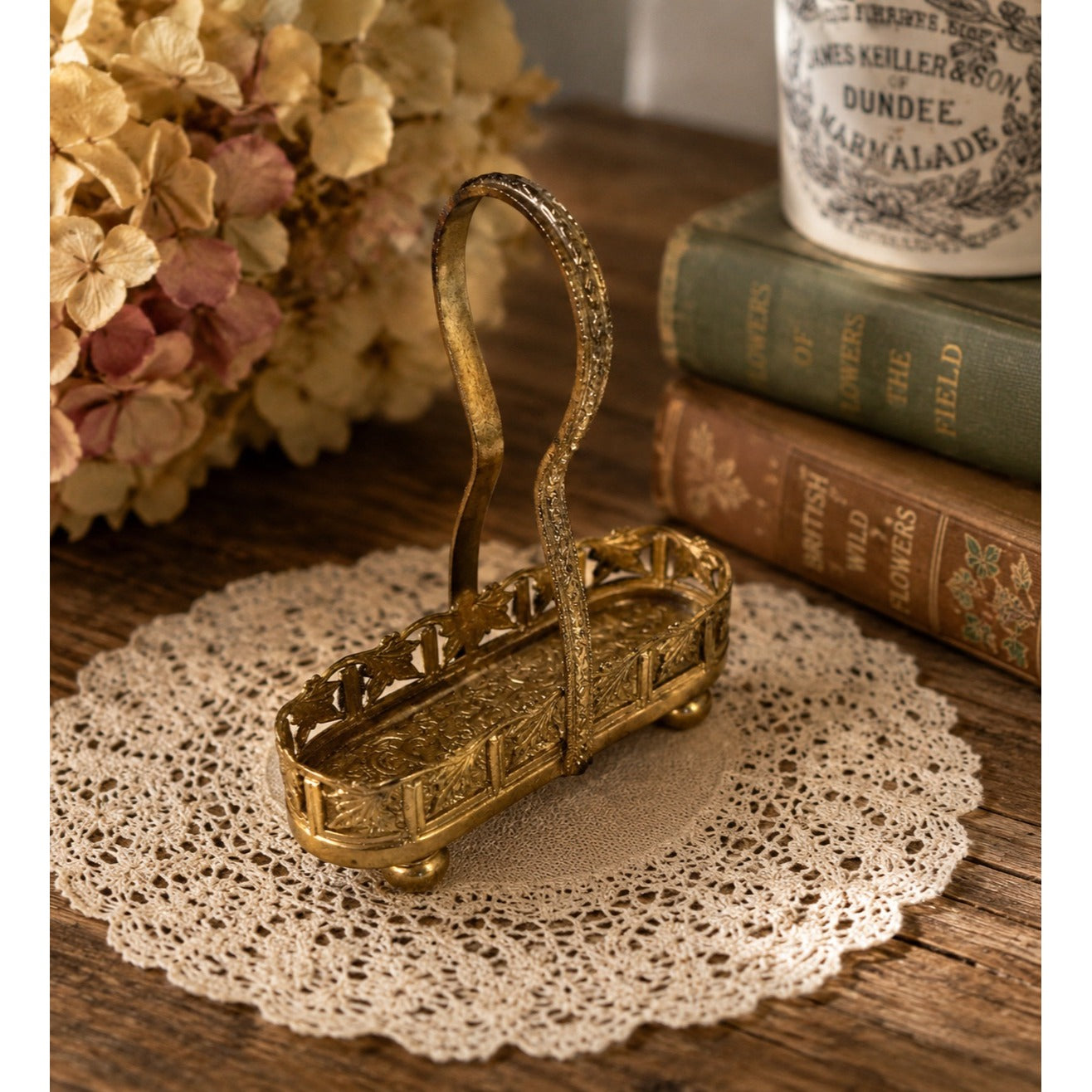 Vintage Gold Tone Vanity Basket Holder Miniature Filigree Handle Tray