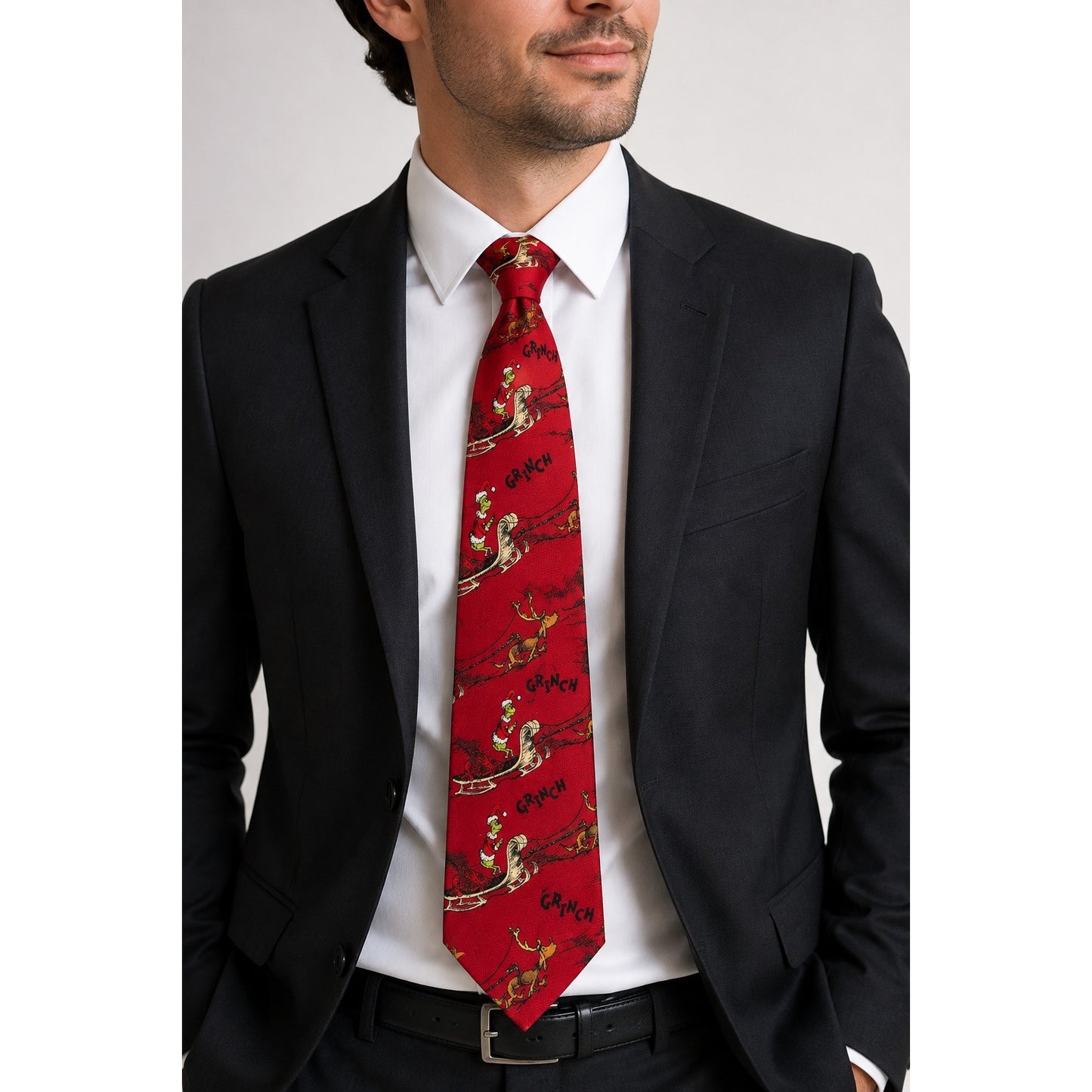 Dr. Seuss The Grinch Christmas Necktie Red Sleigh Max Holiday Tie 100% Polyester