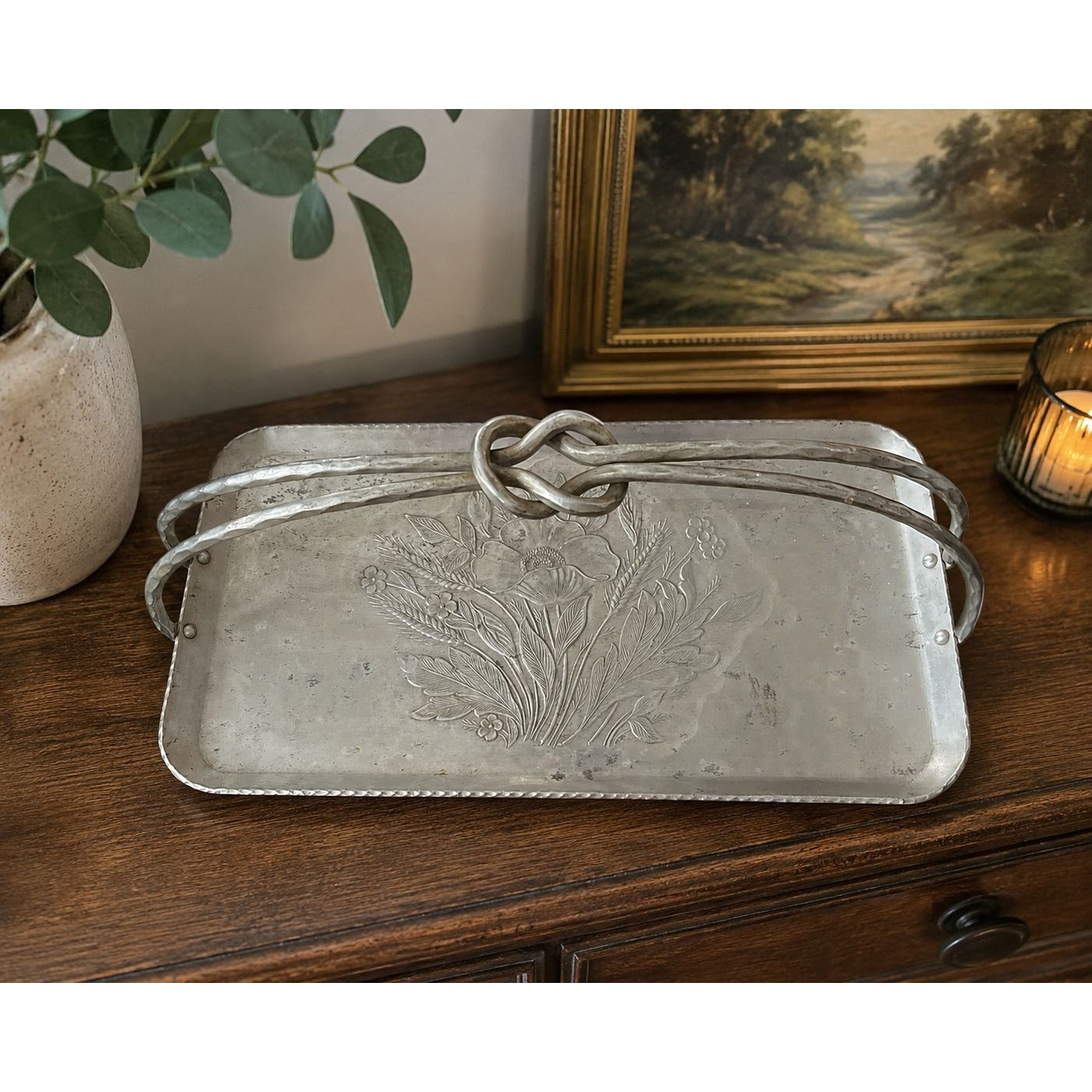 Hand Forged Everlast Metal Floral Serving Tray Aluminum 13 x 7 Vintage
